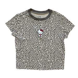 Hello Kitty Leopard Print Baby Tee Tan Brown Womens M Embroidered Sanrio Top